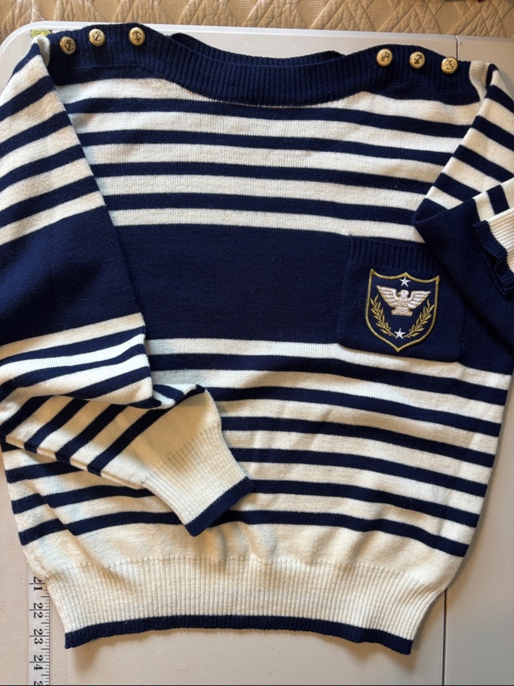 Vintage Boatneck Navy Stripe Sweater Size Small Nautical Sailor Quiet Luxury
